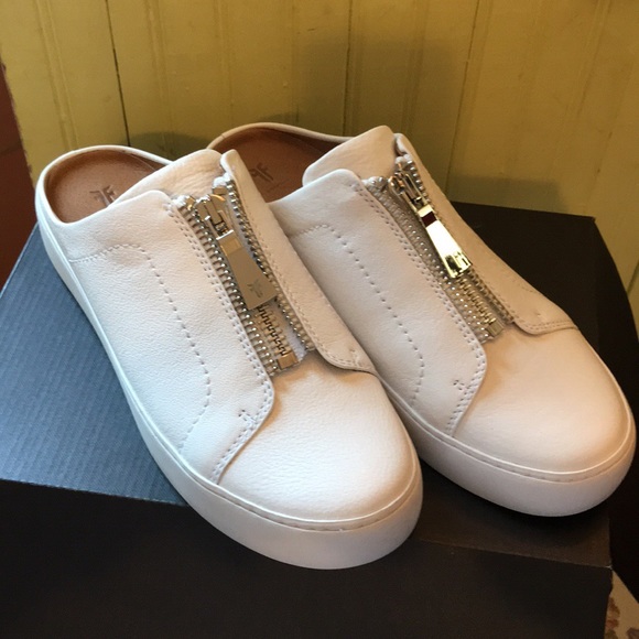 frye leather zip mules